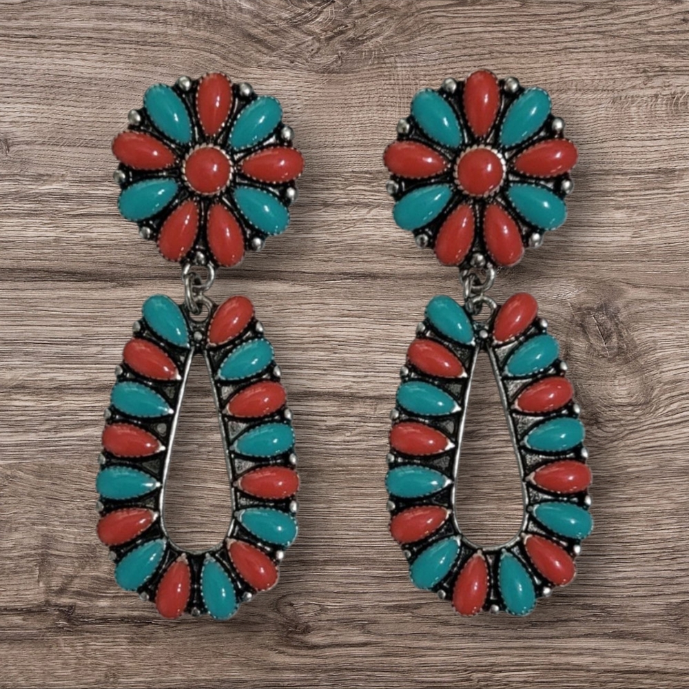 Red And Turquoise Colored Squash Blossom Earrings New